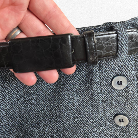 1990s Vintage Blue Gray Wool Blend Herringbone Front Button Wrap Skirt Size 10P - Picture 6 of 10